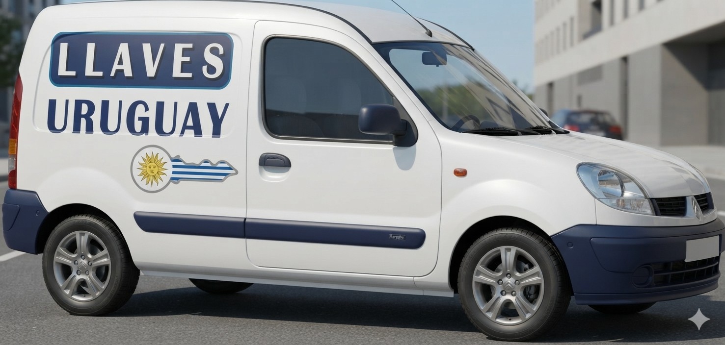 Camioneta de servicio técnico de Llaves Uruguay, blanca con el logo rotulado en la puerta lateral